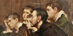 A close-up detail from a classical painting depicting a bearded saint with a halo, likely St. Ignatius of Loyola, sitting in profile among a group of attentive young students.