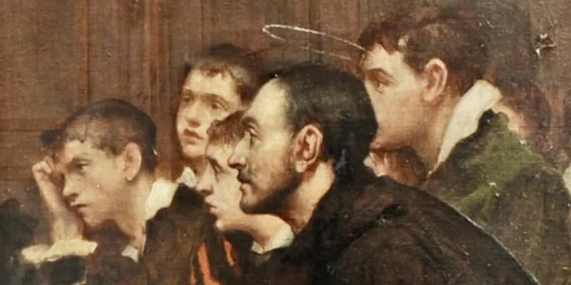 A close-up detail from a classical painting depicting a bearded saint with a halo, likely St. Ignatius of Loyola, sitting in profile among a group of attentive young students.