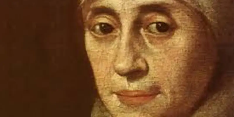 A close-up historical portrait painting of a woman, likely Mary Ward, wearing a simple white cap and looking forward.